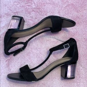 100% Leather T strap Suede Sandal with Clear Heel